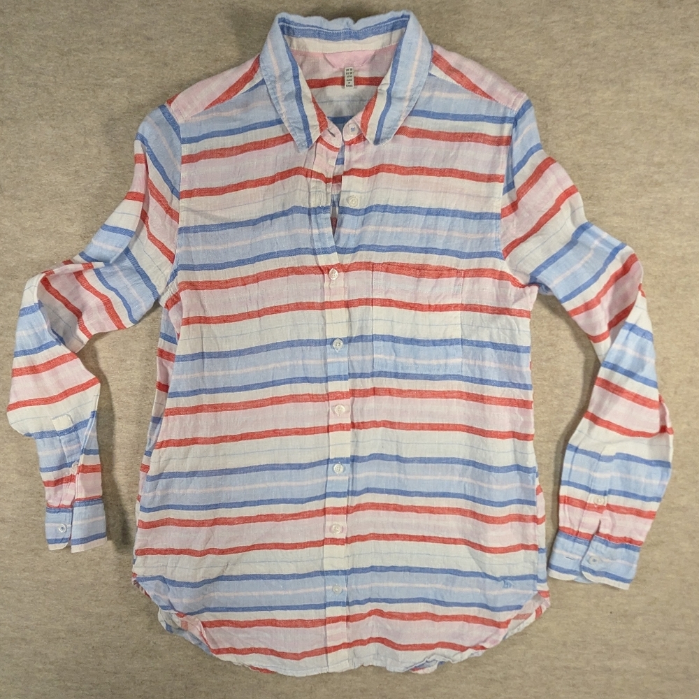 Joules 100% Linen Red White Pink & Blue Tunic Button Up Shirt Size 6 Small